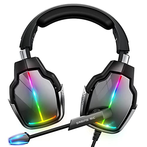 Tatybo Cascos Gaming PS4, Auriculares Gaming con Giratorio de 90° y 4 Modos de Iluminación RGB, Transductores 50mm, Micrófono con Premium Estéreo, Compatibles con PS4, PS5, Xbox One, PC, Switch