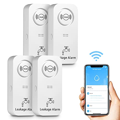 Detector de fugas de agua WiFi (WiFi 2.4G), alarma de sensor de agua de 90 dB y alerta de aplicación, alarma inalámbrica de detector de fugas para tuberías, cocinas, baños, sótanos (paquete de 4)