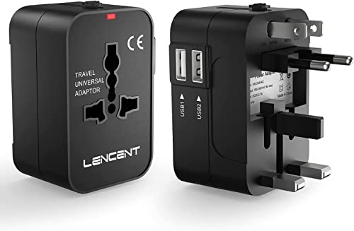 LENCENT Adaptador de Viaje, Adaptador Enchufe Universal, Enchufe de Viaje para más de 200 países, Compatible con EU/UK/EEUU/AUS, Adaptador Enchufe con 2 Puertos de USB