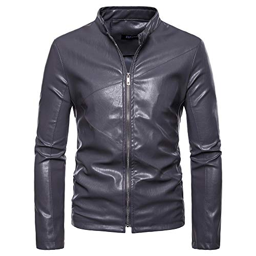 Chaqueta Boutique PU Cuero de Moto Hombre Cuello Alto Chaqueta de Color sólido Gris_XL