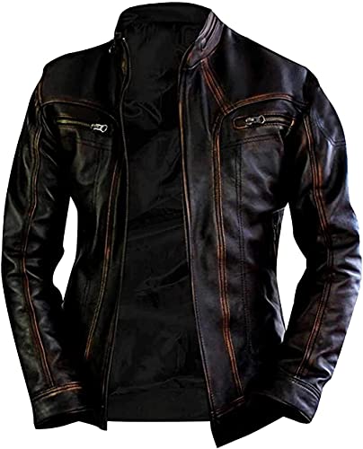 Cafe Racer Retro 2 Cazadora motera de cuero envejecido de estilo vintage para hombre, negro, Marrón Envejecido, S