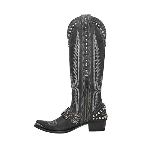 Huanguohi 1 Par De Botas De Caballero para Las Mujeres Al Aire Libre Remache Bordado De Cuero Botas De Montar Vaquero Occidental Zapatos De Bota Larga con Cremallera Lateral,Negro,39