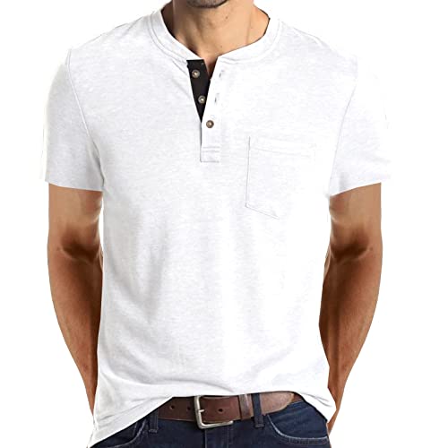 Hombres Primavera y Verano Retro Negocios Casual Viajes Multibotón O Cuello Camiseta Manga Corta Camisa Sólido Relojes de Manga Corta Hombres Digital, Blanco, XXL