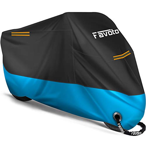 Favoto Funda para Moto Cubierta de Moto 210D Impermeable Protectora con Banda Reflectante a Prueba de Sol Lluvia Polvo Viento Nieve Excremento de Pájaro al Aire Libre, 245x105x125cm Negro+Azul