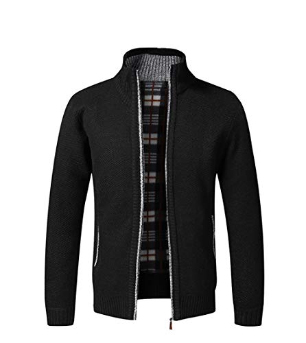 Cárdigan de Punto para Hombre, suéter Grueso con Cremallera Completa y Cuello Alto, cálido suéter con Forro Polar para Invierno(Black M)