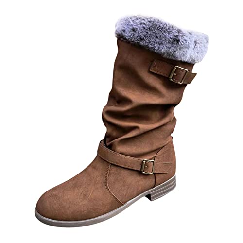 Gsheocm Bota media Slip-on Botas de mujer Tacones Botas de moda Térmicas Tobillo Transpirable Caliente Bajo Invierno Botas de Mujer Zapatos Para Mujer Con Tacón Ofertas, marrón, 39 EU