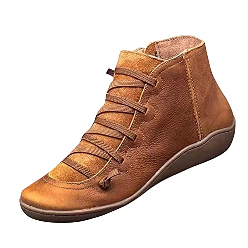 NUSGEAR 2021 Botas Botines de Cuero Mujer Otoño Invierno Vintage Botines Mujer con Cordones Zapatos de Mujer Botas Cómodas de tacón Plano Cremallera Bota Corta Casual Talla grande