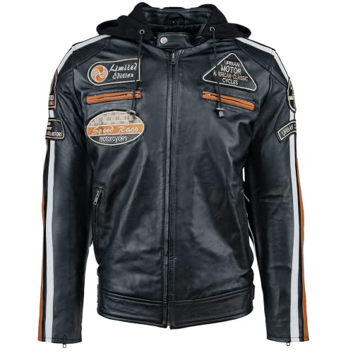 Urban Leather Chaqueta Moto Hombre en Cuero 58 Gents | Cazadora de Moto de Piel de Cordero | Armadura Removible para Espalda, Hombros y Codos Aprobada por la CE | Negro | 7XL