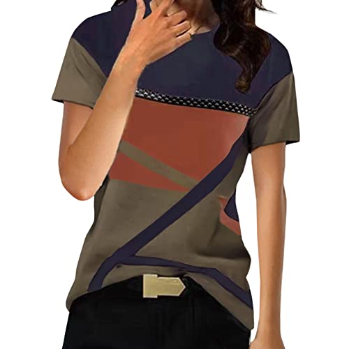 Camiseta de mujer para mujer, blusas y túnicas para mujer, parte superior con hombros descubiertos, verano, moda, informal, cuello en O, bloque de color, manga corta, suelto, vestido libre, café, S