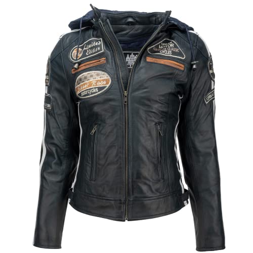 Chaqueta Moto Mujer de Cuero URBAN 5884 '58 LADIES', Chaqueta Cuero Mujer, Cazadora Moto de Piel de Cordero, Armadura Removible para Espalda, Hombros y Codos Aprobada por la CE |Navy Azul, XL (UR-179)