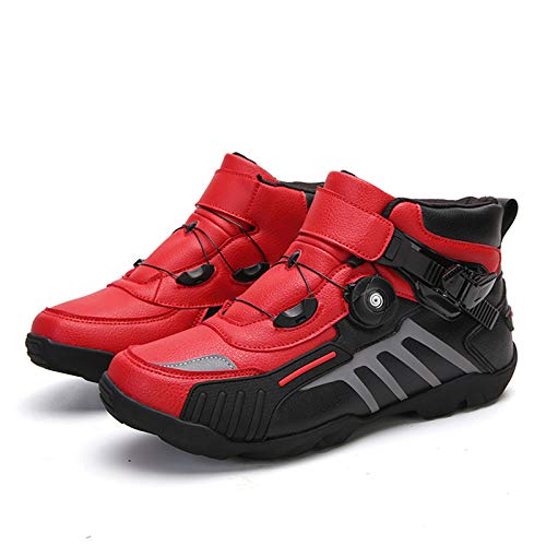 Zapato Moto Mujeres Hombre con Perilla de Ajuste, Botas de Motoristas Negro Rojo Zapatillas de Motocross Sneaker Antideslizantes Transpirables Deportivo de Exterior Touring Calzado,41 EU