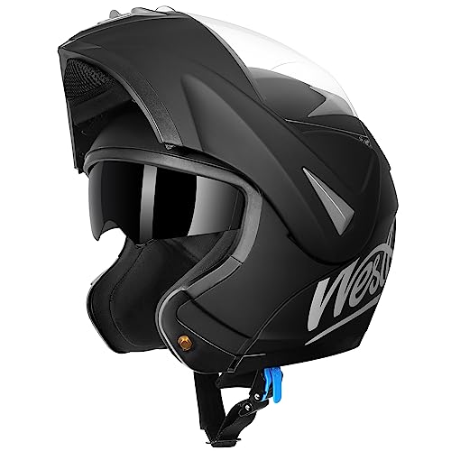 Westt Casco de moto para hombres y mujeres, casco integral, casco abatible, casco de moto tipo jet, para chopper, ciclomotor, scooter, casco modular de moto, certificado ECE DOT, negro, L (59-60 cm)