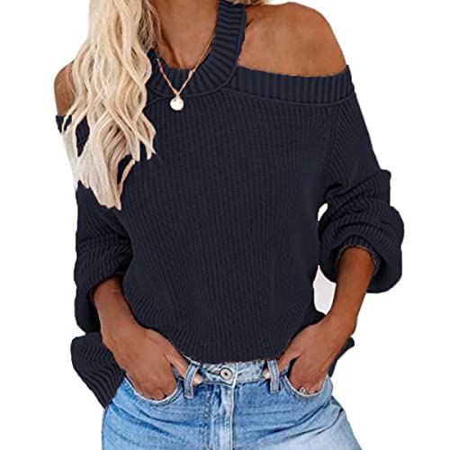 Bartira Suéteres para mujer, talla grande, cuello redondo, sexy, hombros descubiertos, manga larga, jerseys de punto, blusa tipo túnica, azul marino, S