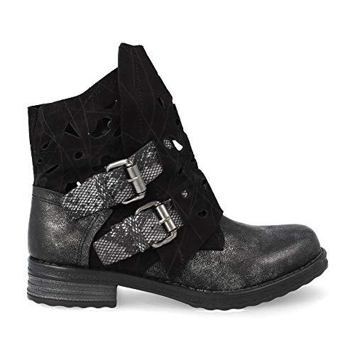 Buonarotti Botin Mujer Estilo Biker Metalizado Casual Motero de Moda con Grabado Laser y Correas combinadas Primavera Verano 2019 Talla 36 Negro