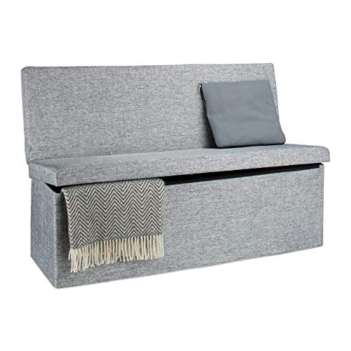 Relaxdays Baúl Almacenamiento, Banco con Respaldo, Puff Asiento Almacenaje, Taburete, Lino, 1 Ud, 73x114x38 cm, Gris