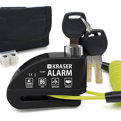 KRASER 6Y Candado Moto Disco Alarma 110dB, Reforzado Impermeable, Cerradura Seguridad, Accesorio Cable Bolsa, Bloqueo 6mm Universal Motocicleta Scooter Bicicleta Eléctrica, Antirrobo Moto con Alarma