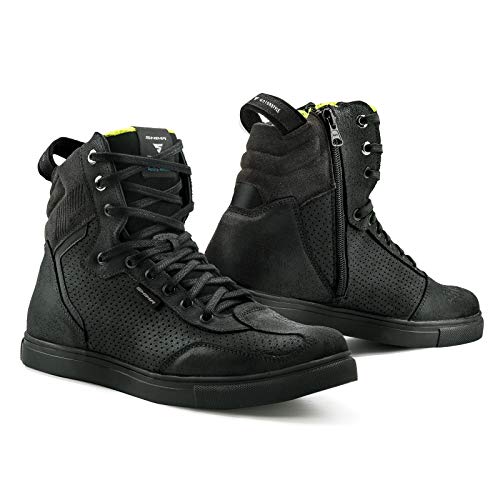 SHIMA Rebel WP, Impermeables Zapatos Moto Hombre | Transpirables, Reforzados Zapatos Moto de Cuero, Soporte para el tobillo, Suela Antideslizante, Mango de Cambio de Marchas (Negro, 41 eu)