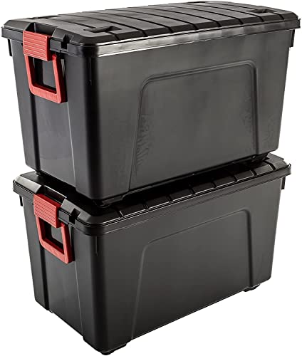 Iris Ohyama, juego de 2 grande cajas de almacenamiento para bricolaje, 110 L, asa y ruedas, móvil, garaje, jardín - Store it All Box SIA-110 - Negro