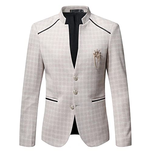 Ying Traje Chaqueta Hombre Retro Impresión Bolsillo Decoración Manga Larga Chaqueta Hombre Ajustado Cuello Pie Blazer Hombre Urbano Estilo Británico Color Sólido Escenario Ropa D-Khaki L