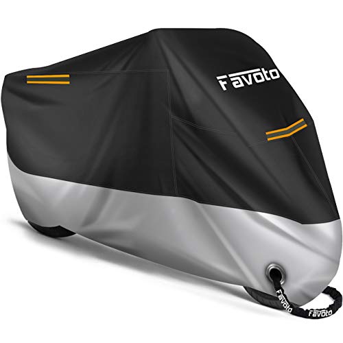 Favoto Funda para Moto Cubierta de Moto 210D Impermeable Protectora con Banda Reflectante a Prueba de Sol Lluvia Polvo Viento Nieve Excremento de Pájaro al Aire Libre, 265x105x125cm Negro+Plata