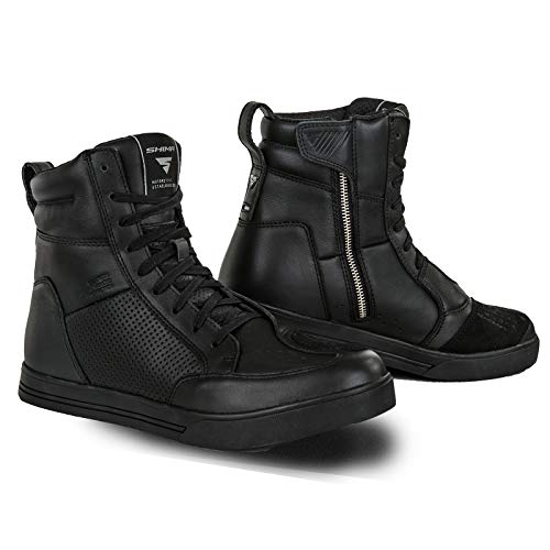 SHIMA Blake Zapatos de Motocicleta para Hombres | Cuero, Transpirables, Zapatos de calle reforzados con cremallera lateral, Soporte de tobillo, Suela antideslizante, Almohadilla de cambio (Negro, 46)