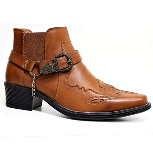 Botas de Vaquero Vintage para Hombres PU Cuero High Top Punk Zapatos Punta Estrecha Botas de Motocicleta Cadena de Hierro Hebilla Correa Hombres Moda Botines Biker Botas de Trabajo Occidentales (