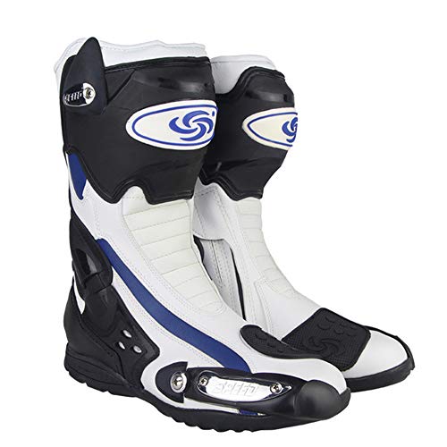 Botas de Motocross Hombre, Botas de Moto Cuero con Protección de Tibia/ Tobillo/ Tacón/ Dedo del pie, Impermeables Botas Motociclismo Deportivas Protectoras, Blanco (40 EU)