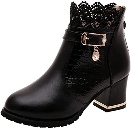 Neoucdy De las mujeres Botines, De las Mujeres Vintage Encaje Trime Bombas Tobillo Botines Grueso Bloque Tacón Cremallera Botas Cortas Otoño Invierno Zapatos, Black, 36 EU