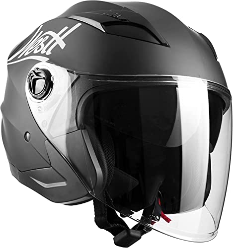 Westt Casco de Moto con Visera y Parasol para Hombres y Mujeres, Casco de Scooter ciclomotor Chopper Moto de Media Cara piloto, Certificado ECE Dot, Negro Mate, M (55-56 cm)