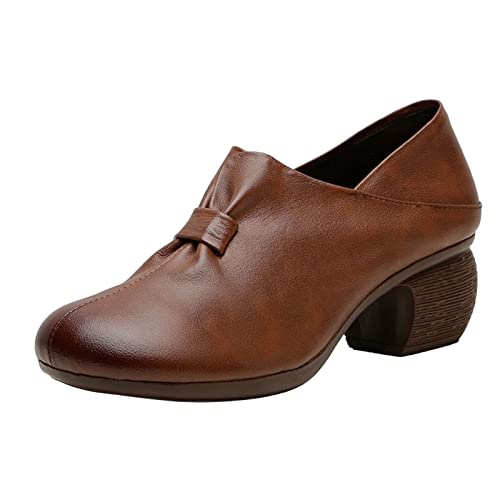 TEELONG - Botas vaqueras para mujer, tacón de pie, retro, puntera gruesa, botas de moda, redondas, de cuero, para mujer, Brown, 38 EU