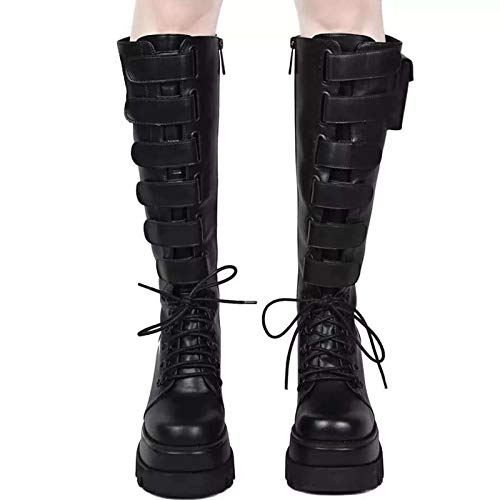 Botas Mujer Altas Rodilla Estilo Motero Invierno Rebajas Baratas Militar de Piel Hebilla de Moto Elegantes Trekking Antideslizante