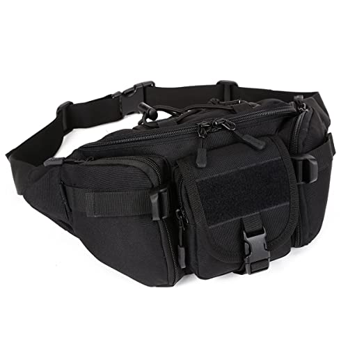 Huntvp Bolsa de Riñonera Mochila de Bandolera 2 Vías de Llevar Estilo Militar Táctical Bolsa de Múltiple Función Impermeable para Aire Libre Correr Senderismo Ciclismo Camping, Negro-L