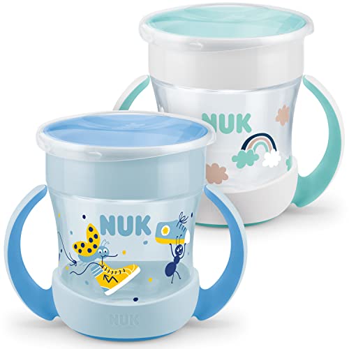 NUK Mini Magic - Taza de entrenamiento para sorber | borde antiderrames de 360° | para bebés a partir de 6 meses | asas de fácil agarre | sin BPA | 160 ml | motivo de chico | 2 unidades