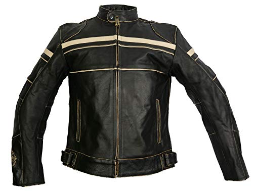 Iguana Custom Collection Chaqueta de Moto de Cuero Envejecido Estilo Retro con Franjas, Modelo Old Racer, con Protecciones homologadas y Forro térmico Desmontable. (2XL)