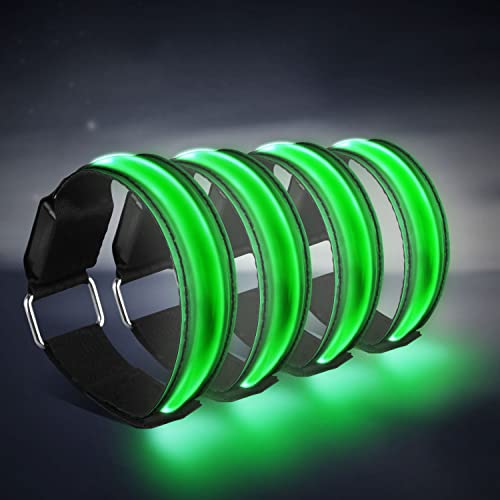 EasyULT 4 Pieza Banda Reflectante, Brazalete LED Running, Alta Visibilidad y Ajustable Brazalete Reflectante, Luces LED Intermitentes para Correr, Practicar Senderismo o Ciclismo-Verde