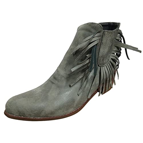 TEELONG - Botas de motocicleta para mujer, botas con flecos, botas gruesas laterales puntiagudas estilo invierno al tobillo con cremallera y tacón para mujer, gris, 38 EU