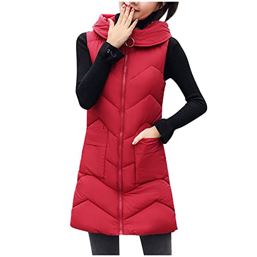 Dasongff Chaleco Sin Mangas Mujer Otoño Largo – Chaqueta Polar Mujer con Capucha Abrigo Invierno Mujer Gran Talla Chaqueta Sin Mangas Mujer Negro Chaqueta Moto Grande Talla Ponchos, Rojo #1, XL