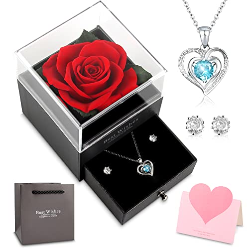 Rosa Eterna Preservada, Rosa Roja Real Eterna, Rosa Eterna Caja de Regalo con Collar y Aretes, Una Verdadera Rosa Preservada, San Valentín Día de la Madre Navidad Regalos Románticos(Azul)