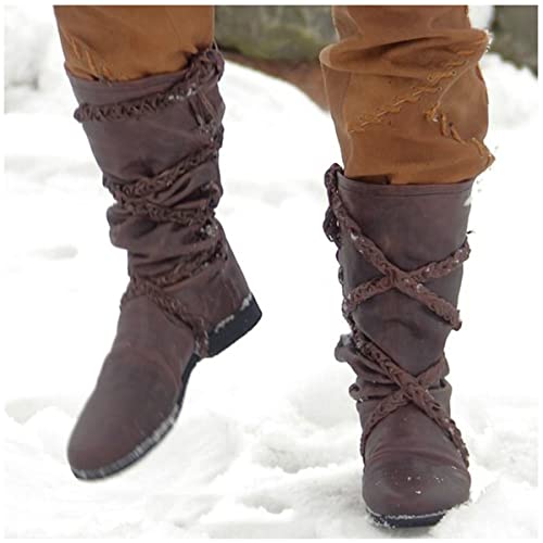 DAWUDE Medieval PU Botas de Cuero Vikingo Disfraz de Pirata Retro Botas de los Hombres de la Mitad de la Pantorrilla Caballero Mujeres Vendaje Zapatos góticos,Marrón,44