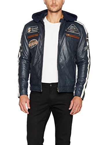 Chaqueta Moto Hombre en Cuero 58 Gents | Cazadora de Moto de Piel de Cordero | Armadura Removible para Espalda, Hombros y Codos Aprobada por la CE | Navy Azul | L