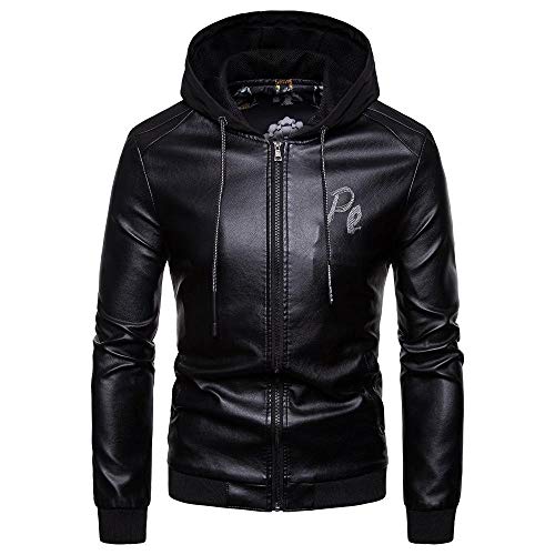 Chaqueta de Cuero con Capucha para Hombres Chaqueta de Cuero para Hombres Chaqueta de Moto Chaqueta cálida Boutique Negro_XXL