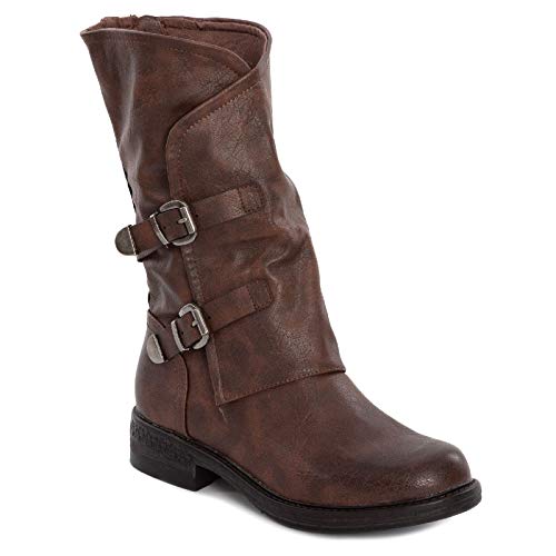 Toocool - Botas de mujer Biker Boots Hebillas Anfibios Motociclista Zapatos Casual G620, marrón, 38 EU