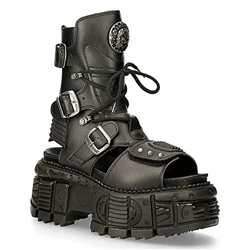 New Rock BIOS107-V1 Botas Sandalias Unisex de Cuero Negro Vegano con Plataforma Estilo Gótico Gladiador 40