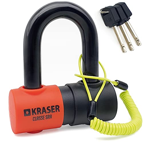 KRASER KR50 Candado Moto Disco Mini U Homologado Sra, Acero Ultra Endurecido Anti-Cizalla Anti-Sierra Ø18 45x65mm, Cable Recordatorio, Cerradura Alta Seguridad Anti-Taladro, Antirrobo Moto Scooter