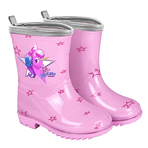 PERLETTI Botas de Agua para Niña Unicornio - Botines Impermeables de Moda Rosa con Estrellitas - Suela Antideslizante y borde Plateado Iridiscente - Cool Kids (Rosa, 30)