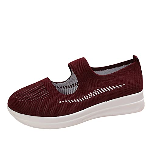 Moda Otoño Mujeres Zapatos Deportivos Mosca Tejido Malla Transpirable sin Cordón Cómodo Fondo Plano Ligero Color Sólido Bota Compatible con Moto Mujer en Auto Y Compatible con Moto, rojo, 37 EU