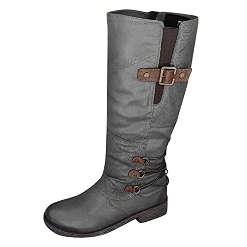 Dasongff Botas altas para mujer con tacón alto, botas de motorista hasta la rodilla, botas de equitación, botas bajas con tacones informales, hebilla larga, botas de moto con cremallera lateral