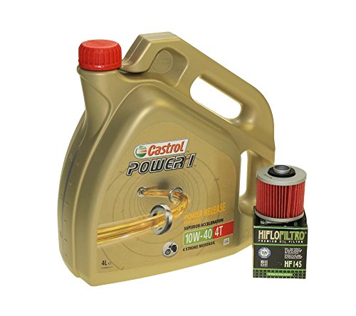 Castrol SAE 10W-40 Power 1 4T - Juego de cambio de aceite (4 L, incluye filtro de aceite Hiflo HF145, para Aprilia Pegaso 650, Derbi, MZ/MUZ, Yamaha XT 600)