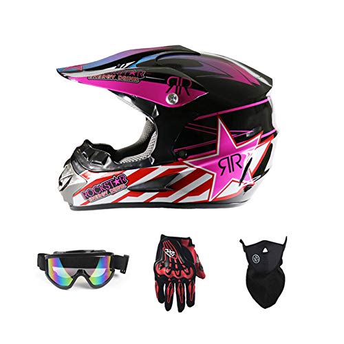 LEENY Casco de Motocross - Cascos de Motos con Gafas Guantes Máscara - Cuatro Estaciones Unisex, Cascos de Cross Motocicleta Off-Road Enduro Cascos para Adulto Hombres Mujeres,Rosado,M