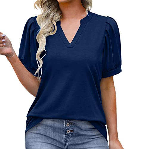 Blusa de gasa para mujer camiseta de manga corta negra para mujer plisada de manga corta para mujer, tops de verano con cuello en V, blusas sueltas elegantes casuales tienda online, azul, XL